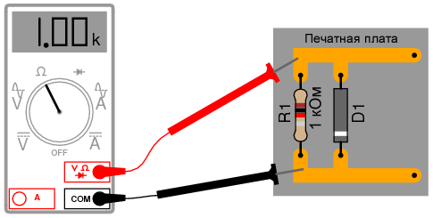 Омметр, оснащенный очень низким тестовым напряжением (< 0,7 В), не видит диодов, что позволяет ему измерять параллельно подключенные к диоду резисторы.