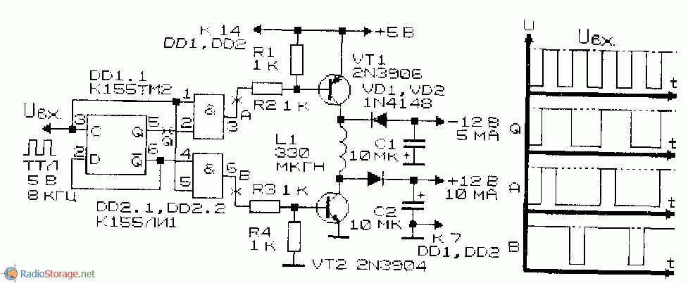 Схема преобразователя с одним индуктивным элементом 12В