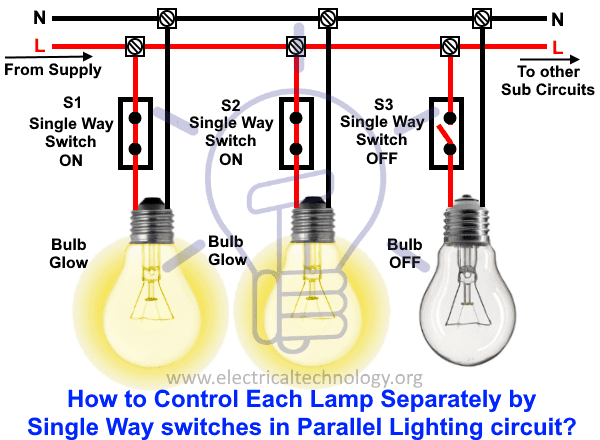 How to control each lamp separately by single way switches in parallel lighting circuits