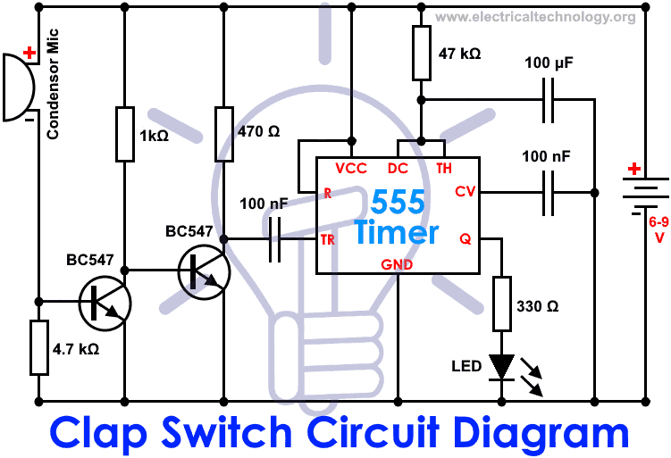 Clap Switch Circuit Diagram using IC 555 Timer.
